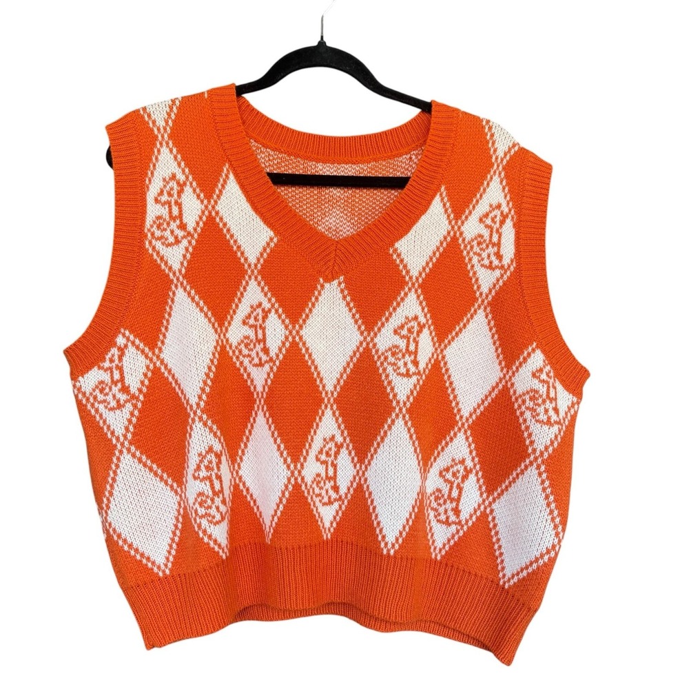 SheIn Curve Sweater Vest Womens 2XL Orange Fox Argyle Knit Preppy Graphic Plus